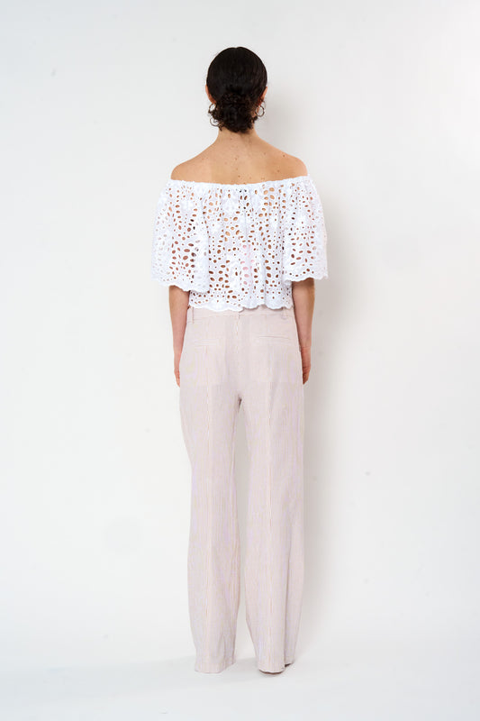 White Eyelet Top shown on model, side view