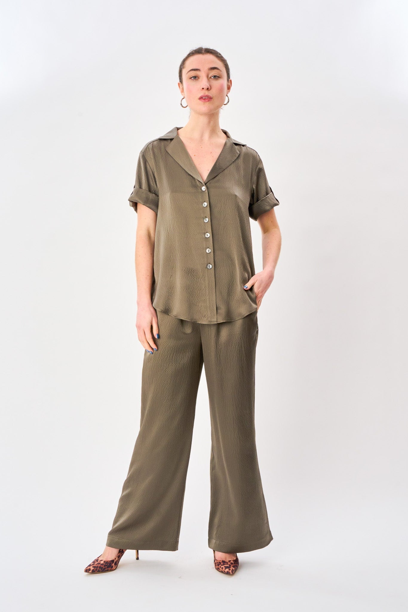 Dusty Olive Satin Camp Shirt