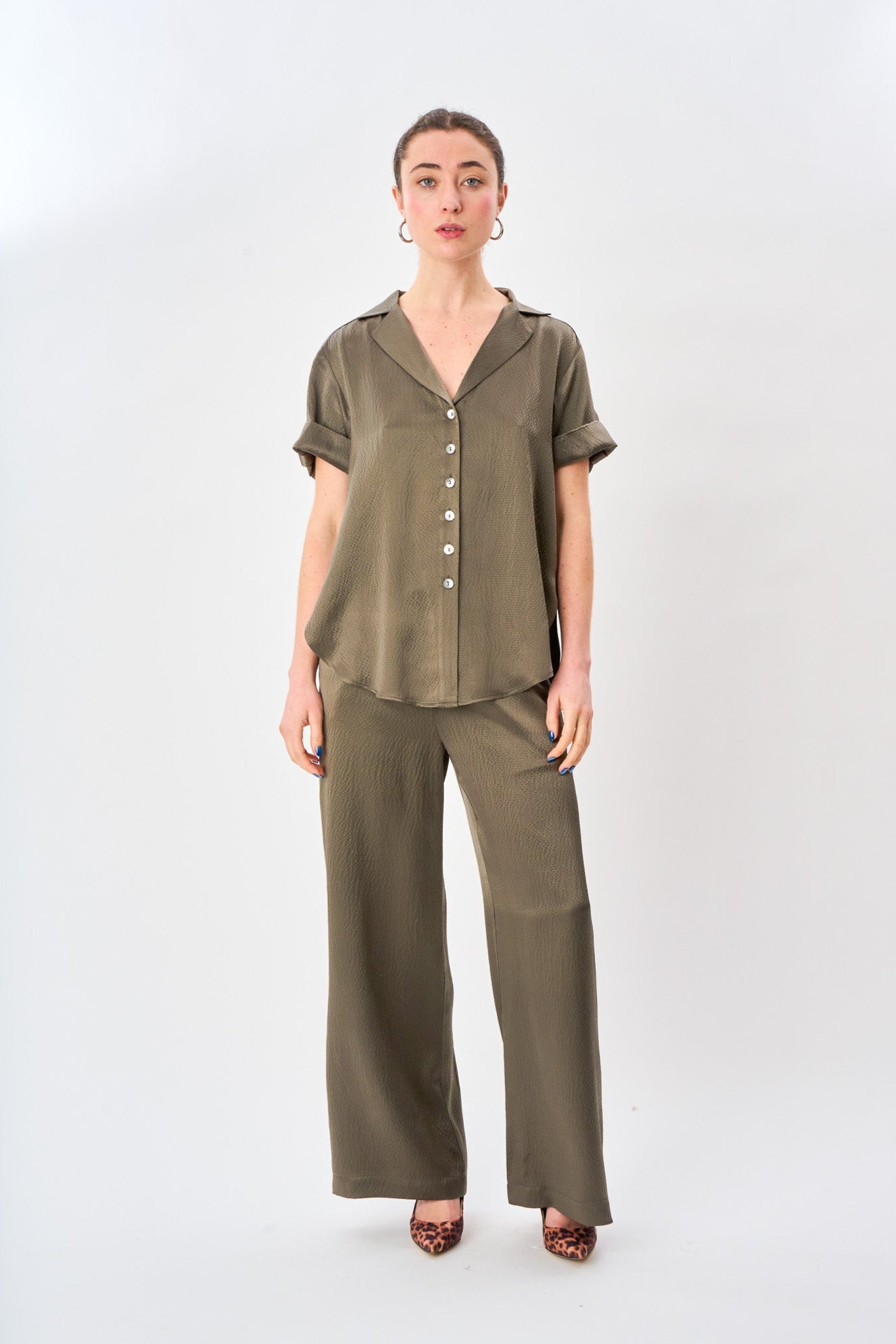Dusty Olive Satin Camp Shirt