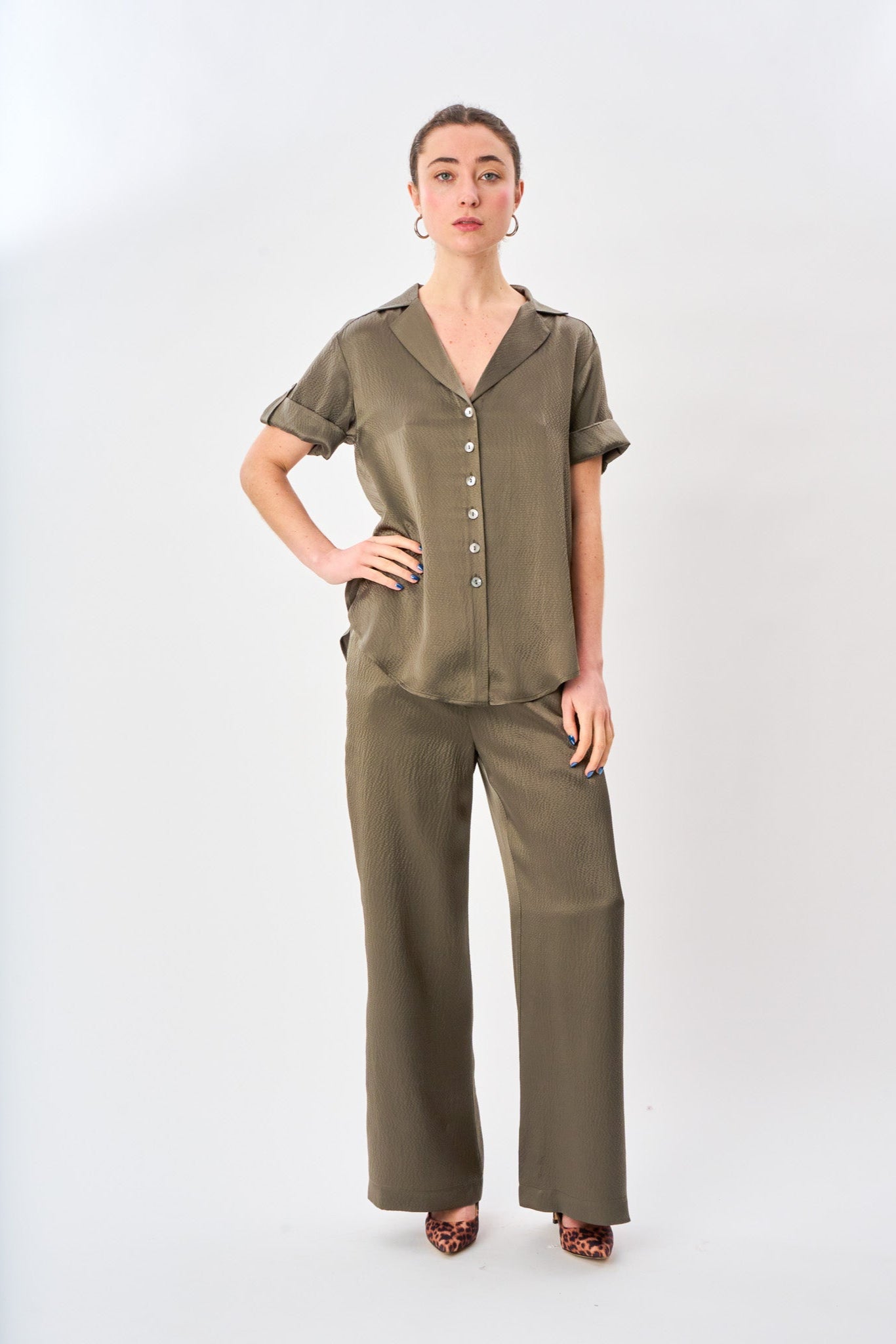 Dusty Olive Satin Camp Shirt