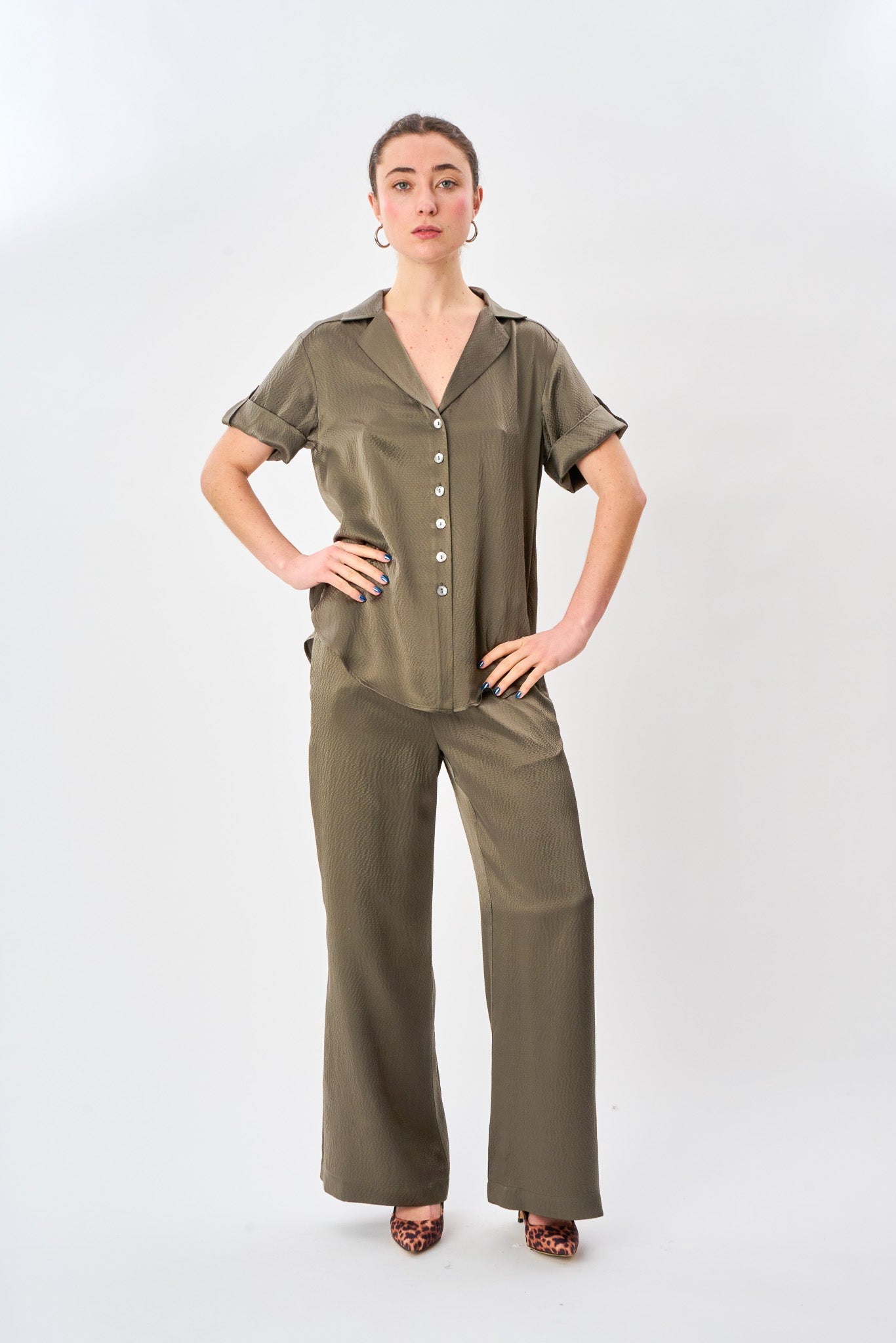 Dusty Olive Satin Camp Shirt
