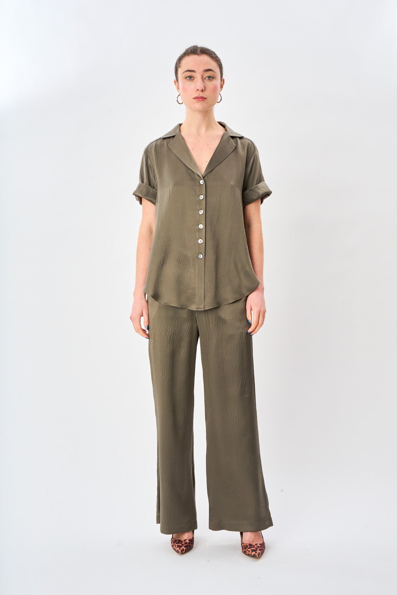 Dusty Olive Satin Camp Shirt