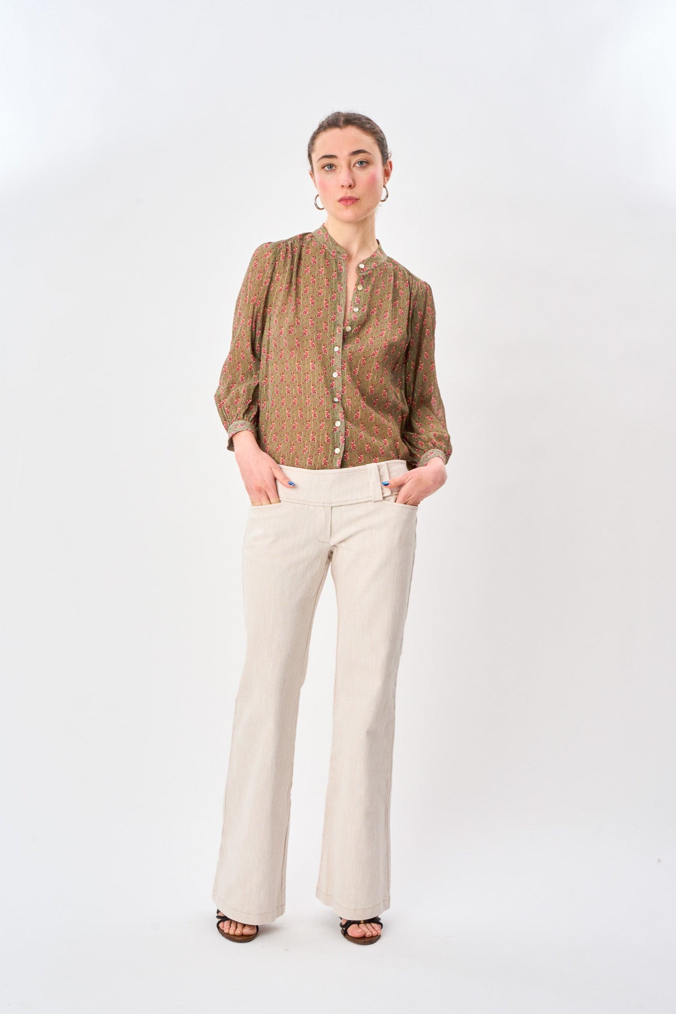 Olive Paisley Button Front Blouse