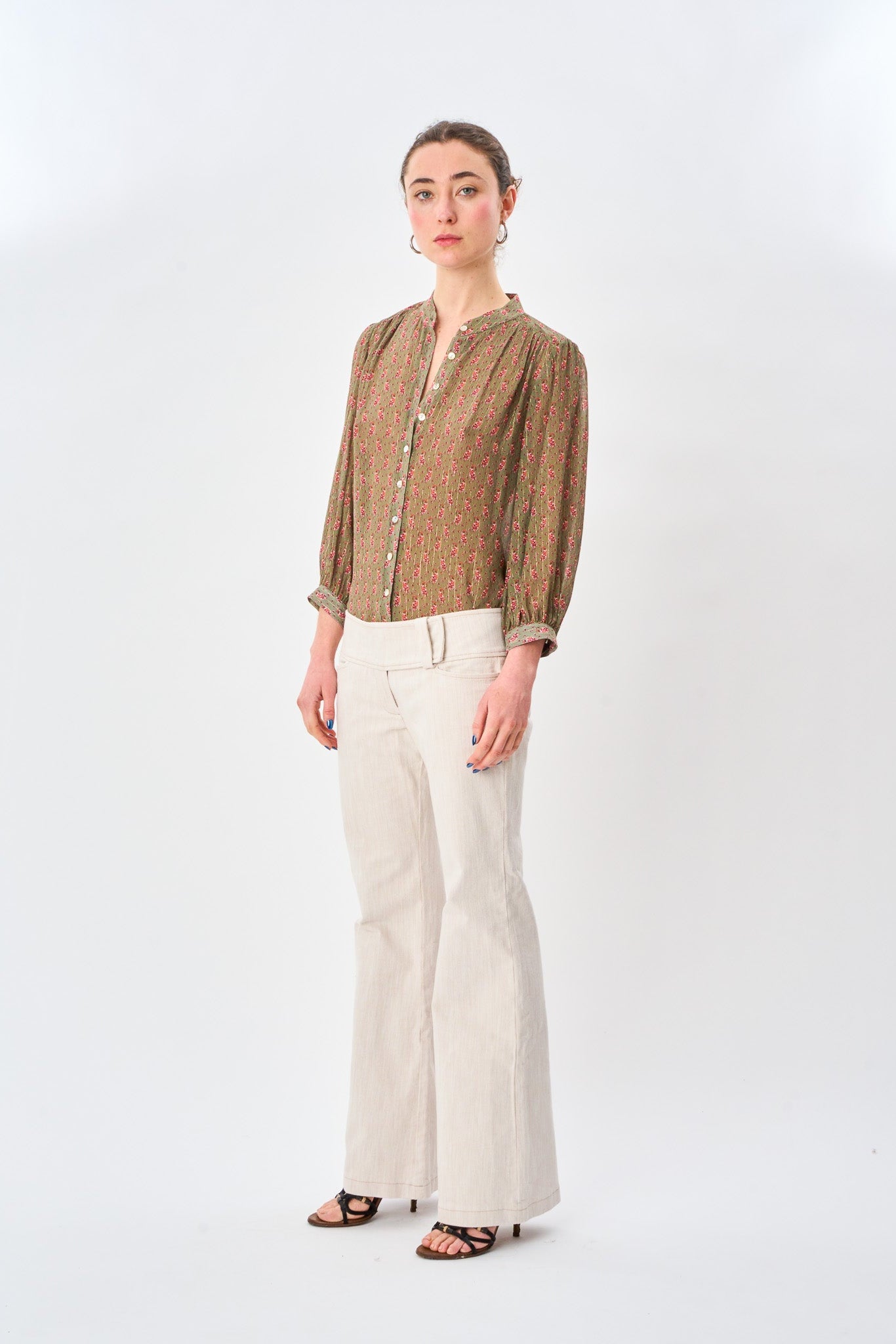 Olive Paisley Button Front Blouse