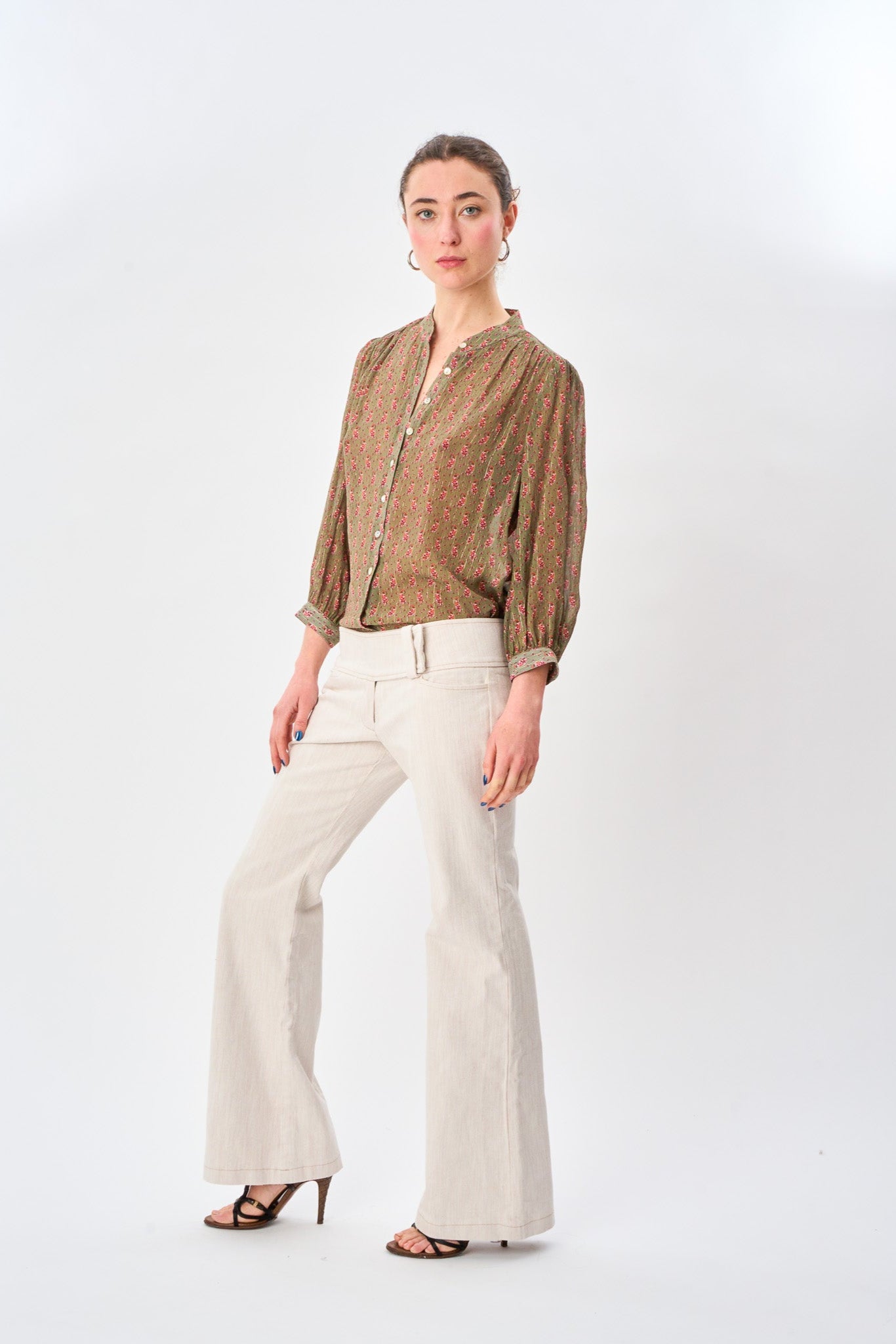 Olive Paisley Button Front Blouse