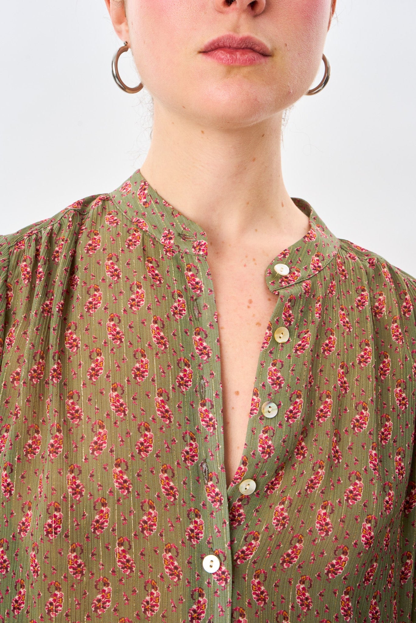 Olive Paisley Button Front Blouse