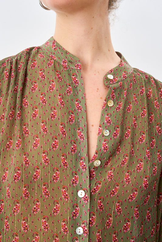 Olive Paisley Button Front Blouse