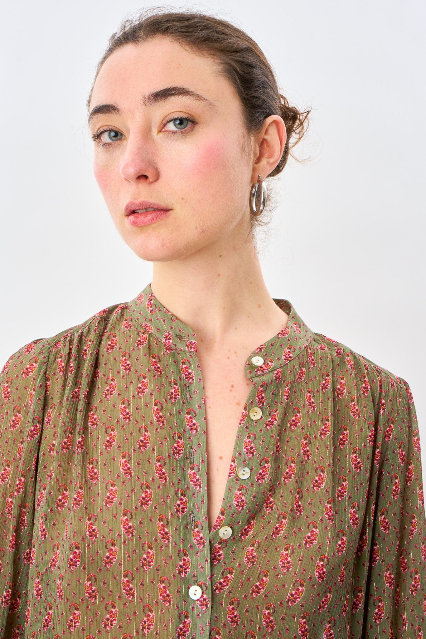 Olive Paisley Button Front Blouse