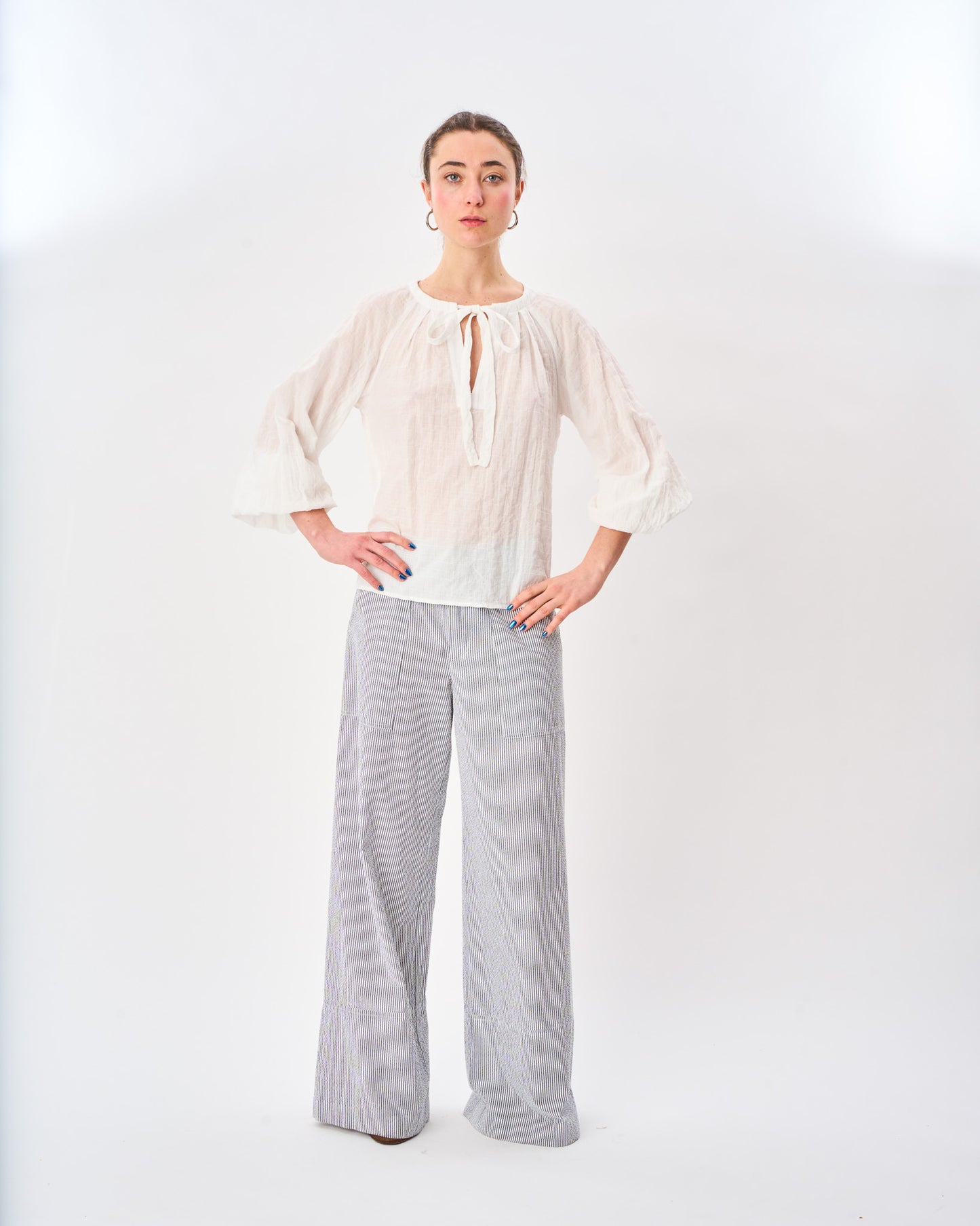 Seersucker Hepburn Trouser shown on model, additional view