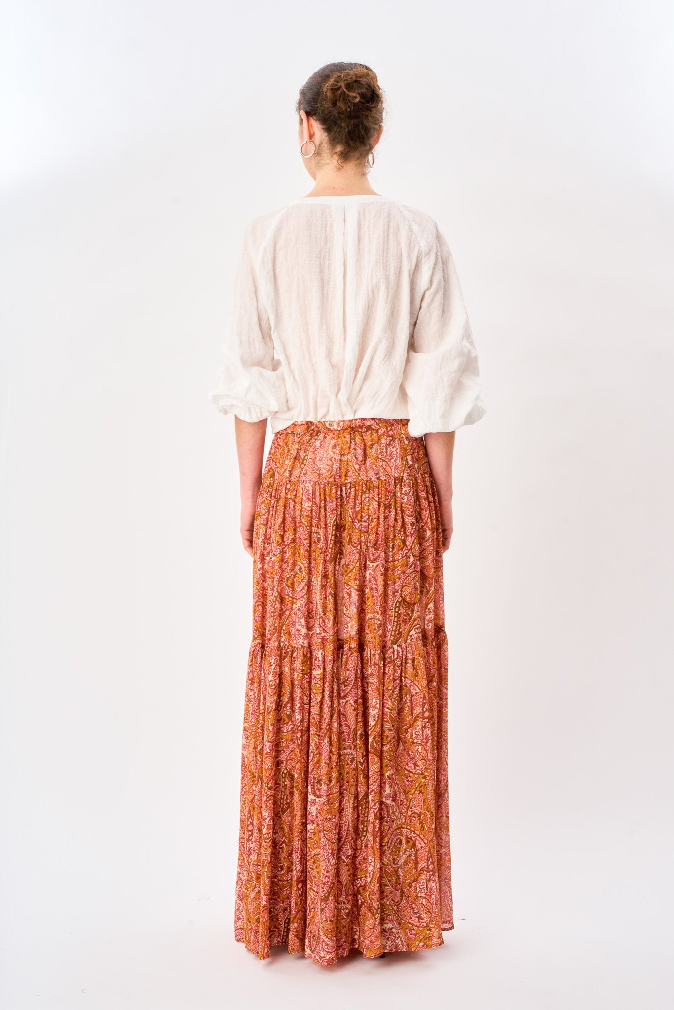 Paisley Boho Ball Skirt shown on model, side view