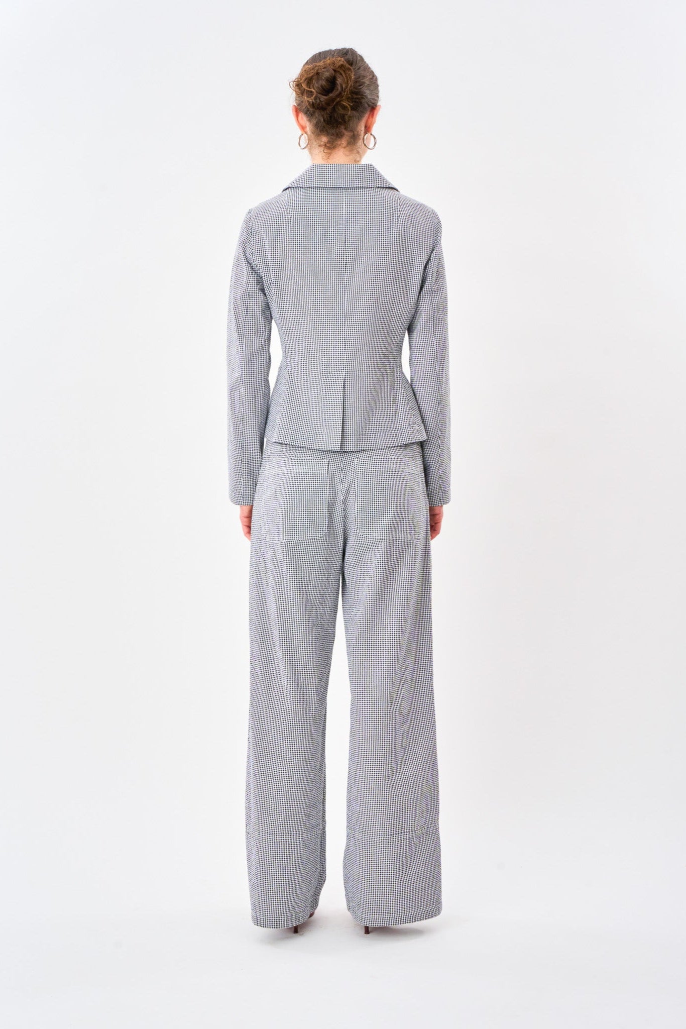 Black Check Hepburn Trouser shown on model, alternate view