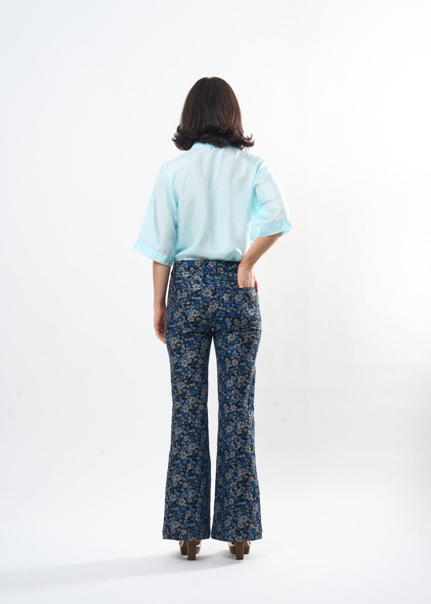 Pale Blue Silk Tee shown on model, styling view
