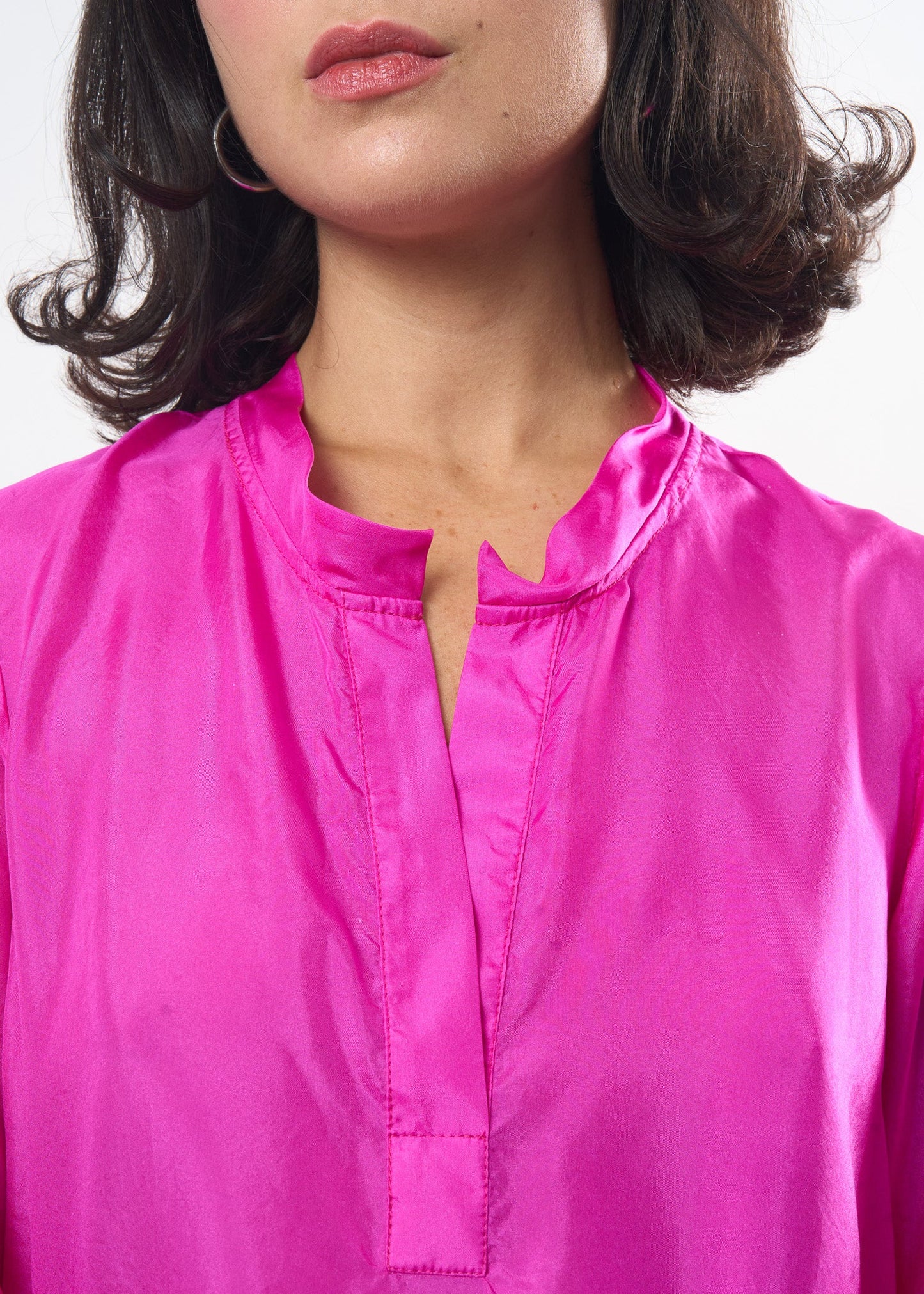 Fuchsia Silk Tee shown on model, alternate view