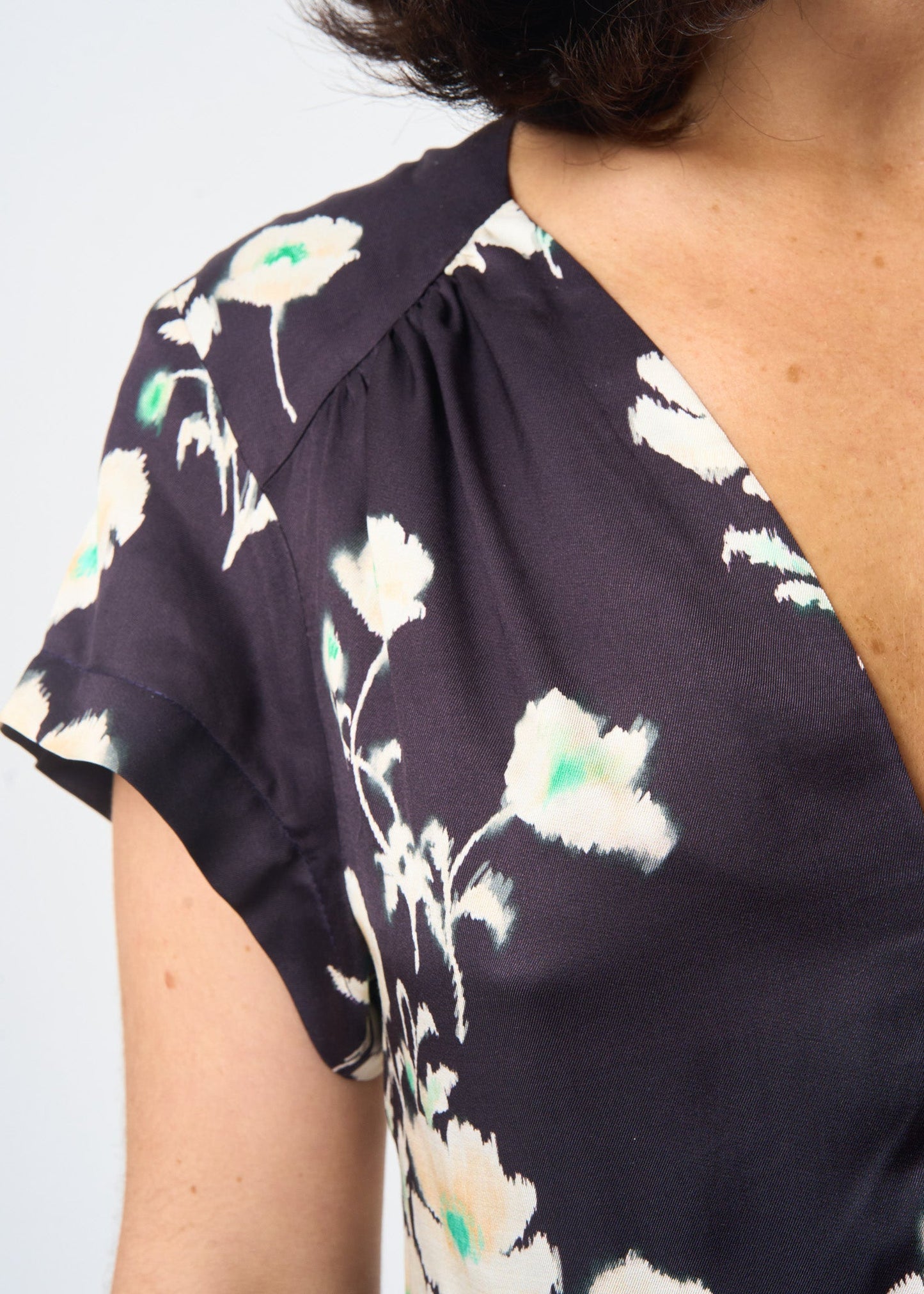 Shadow Floral Sofia Dress shown on model, close-up detail