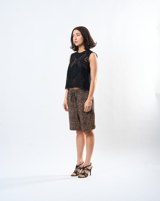Leopard Lounge Short shown on model, side view