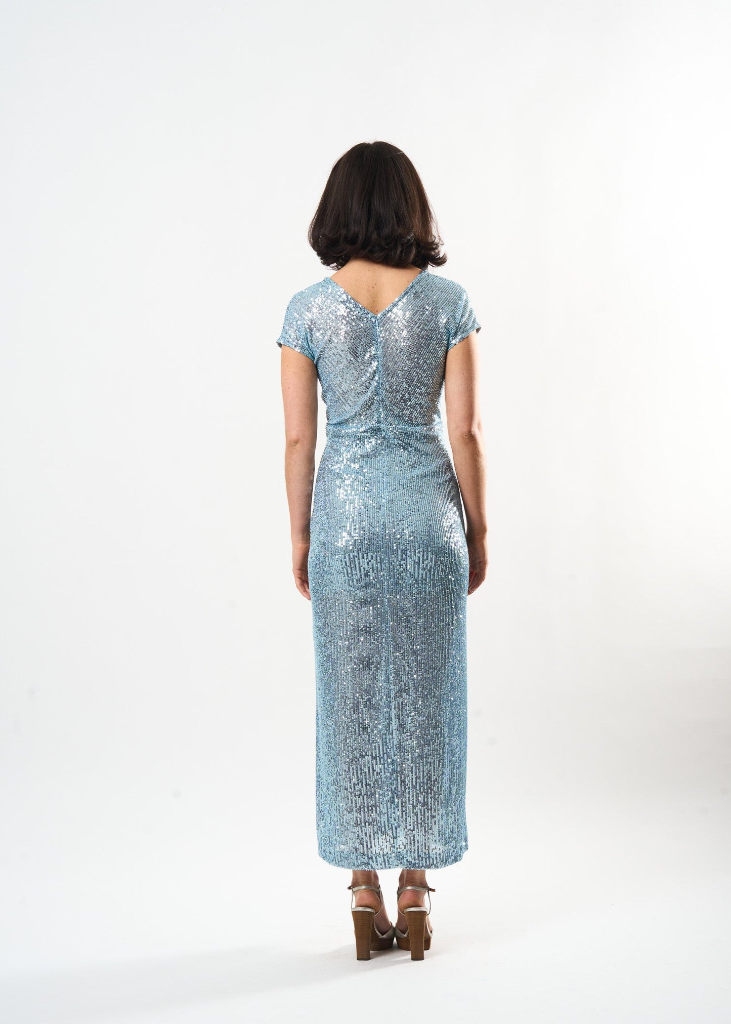 Sequin Midi Shift dress shown on model, alternate view