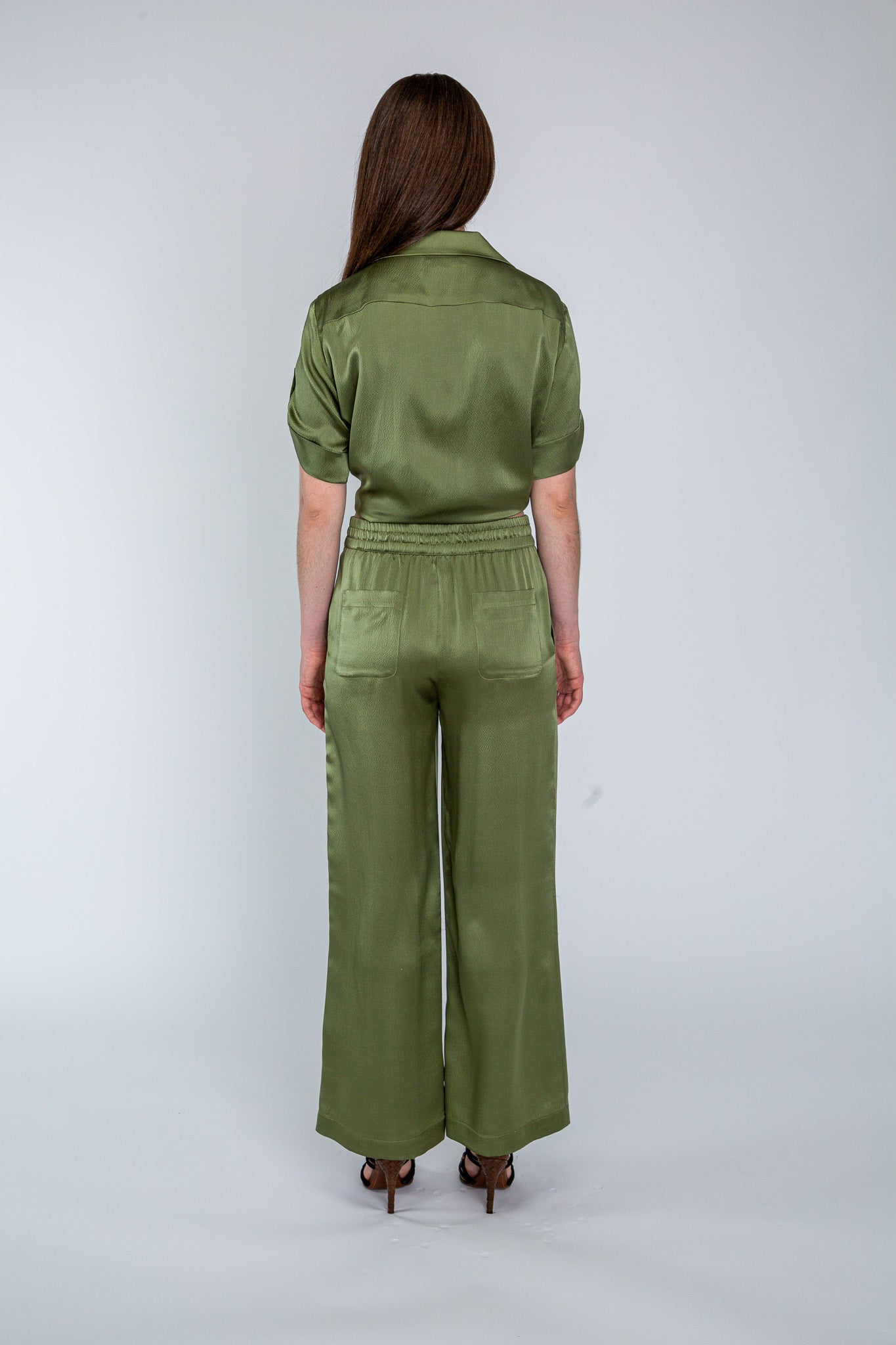 Khaki Satin Pyjama Pant shown on model, alternate view