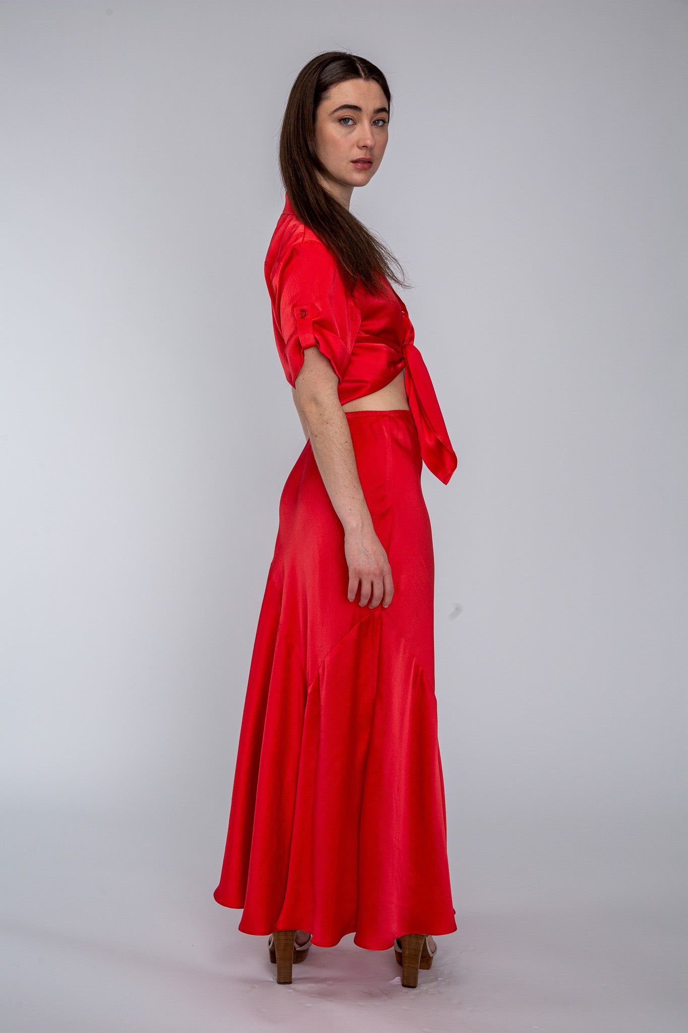 Poppy Satin Camp Shirt shown on model, alternate view