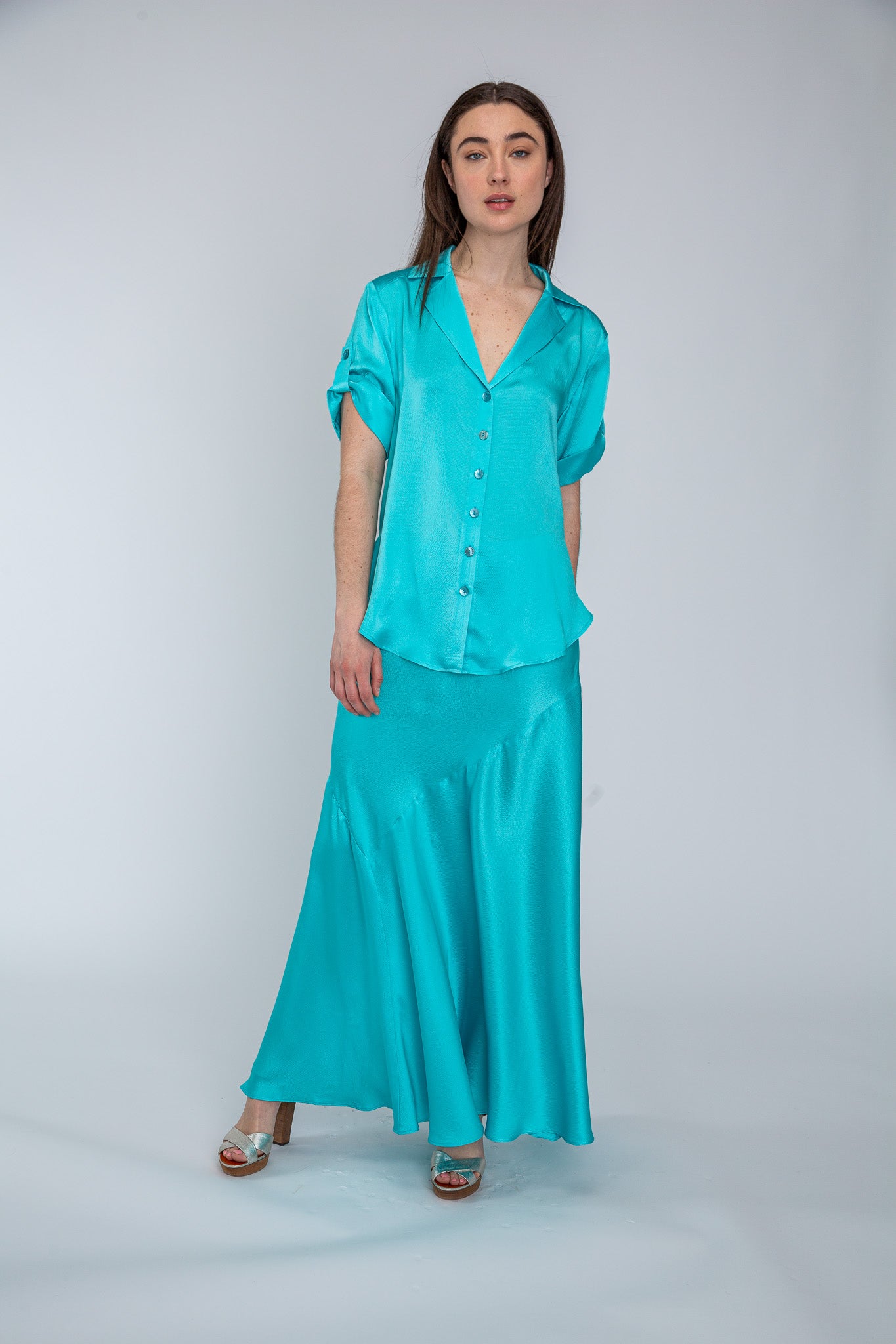Aqua Satin Camp Shirt shown on model, alternate view