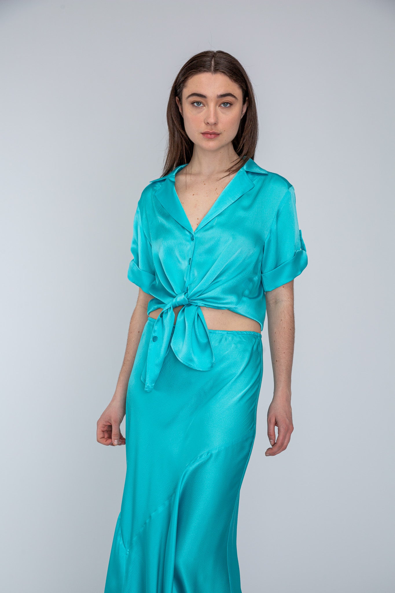 Aqua Satin Bias Skirt shown on model, back view