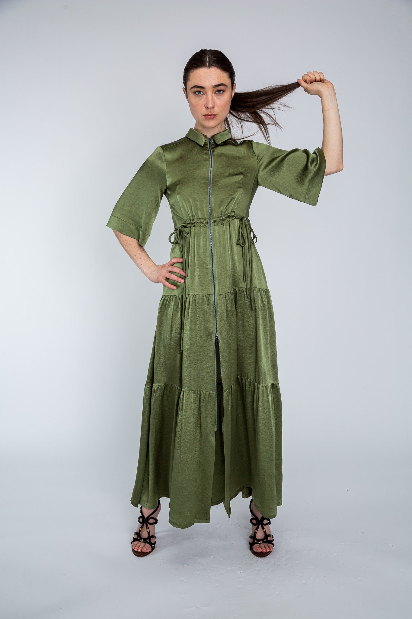 Khaki Empress Dress shown on model, close-up detail