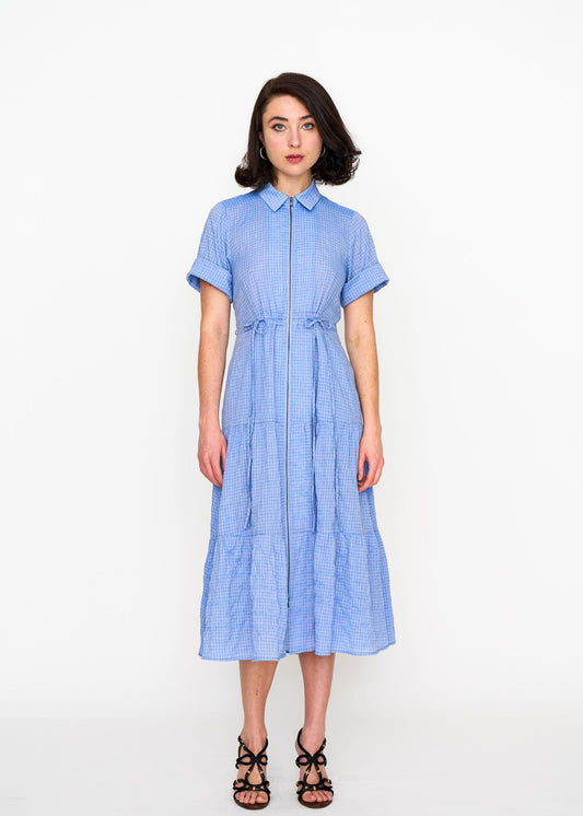 Chambray Dame Dress shown on model, side view