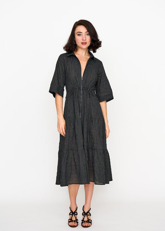 Black Mini Check Dame Dress shown on model, side view