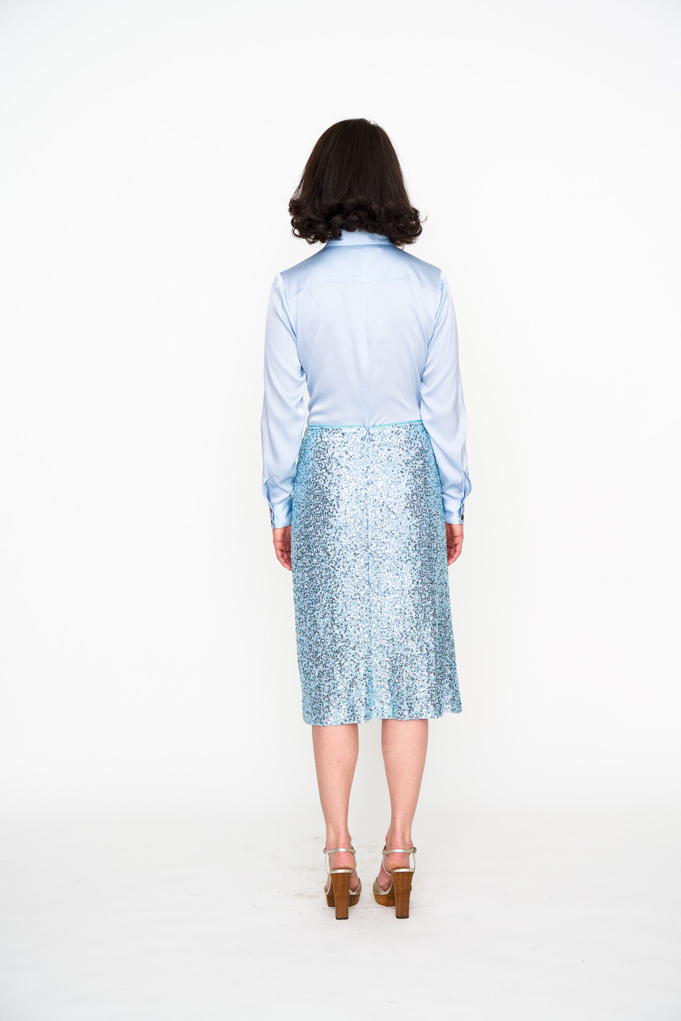 Pale Blue Sequin Skirt shown on model, additional view