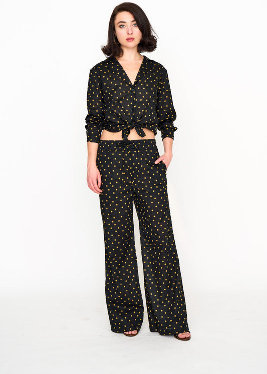 Black & Camel Pyjama Pants shown on model, side view