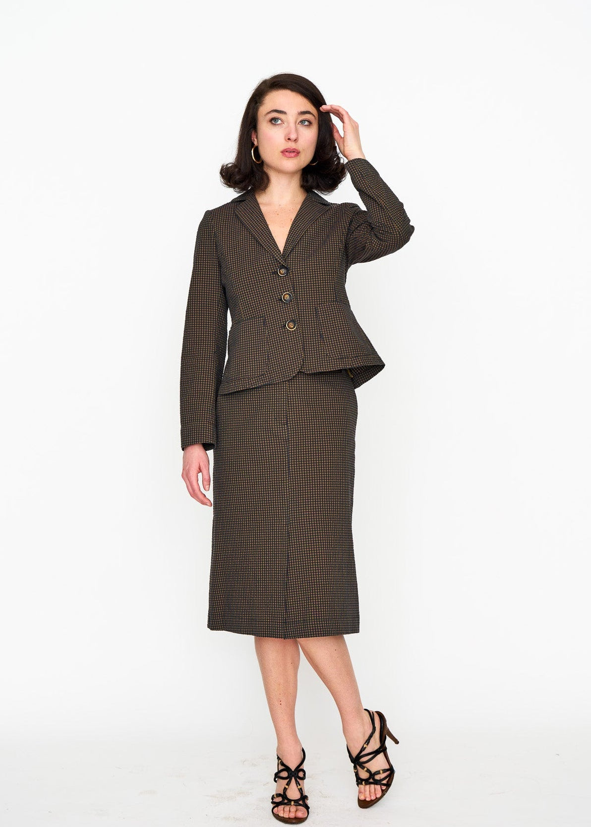 Brown Mini Check Unlined Blazer shown on model, back view