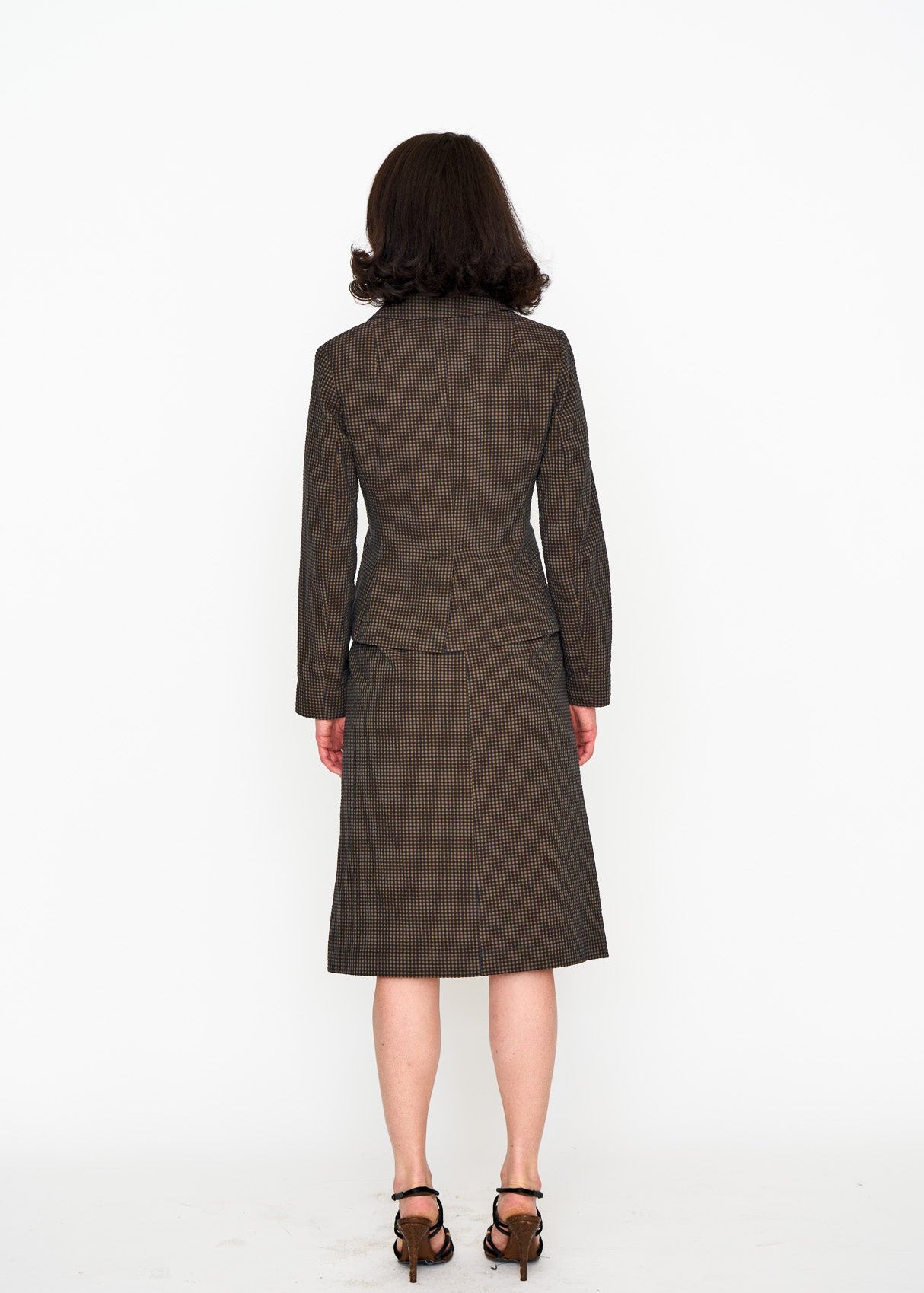 Brown Mini Check Unlined Blazer shown on model, detail view