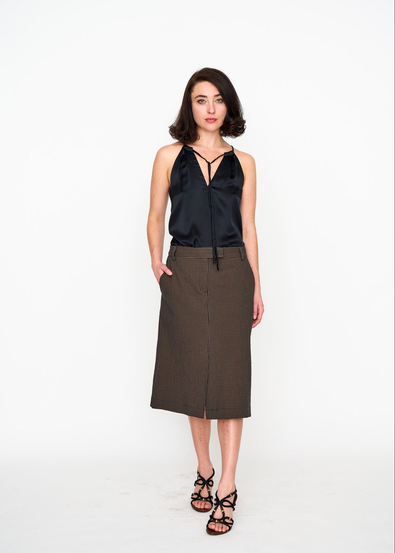 Black Satin Halter Top shown on model, back view