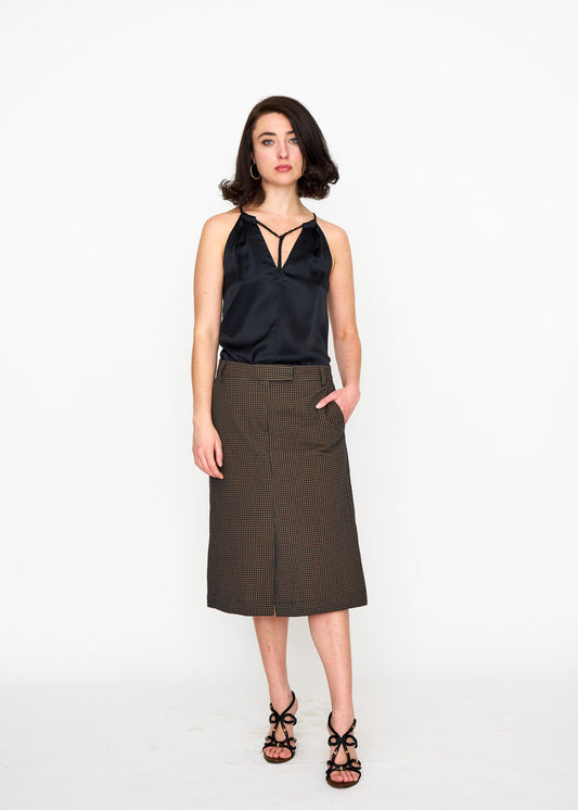 Woman wearing the Maria Cecilia Black Satin Halter Top, front view