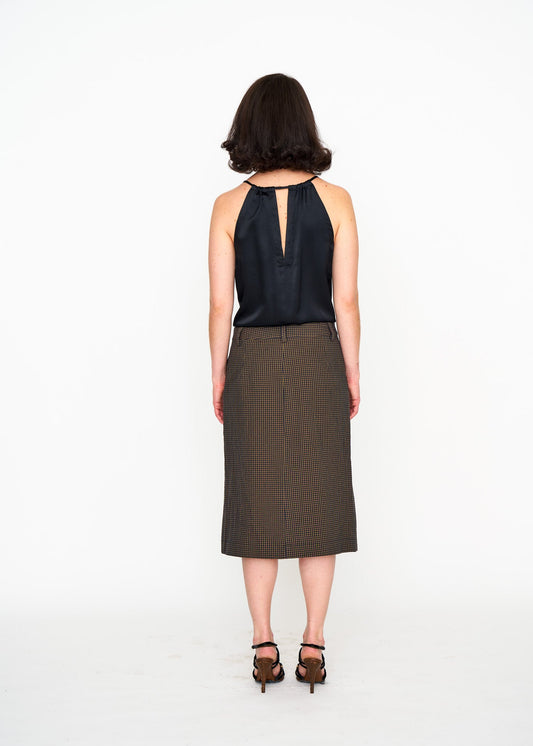 Black Satin Halter Top shown on model, side view