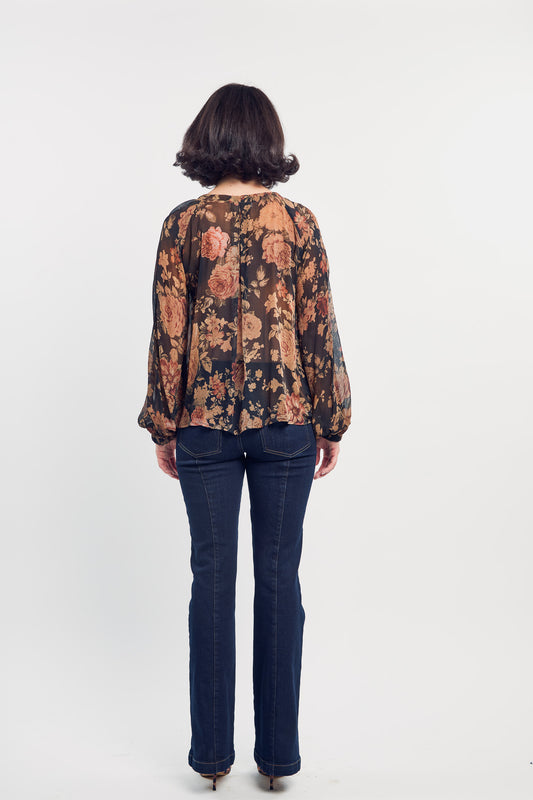 French Rose Boho Top in Black shown on model, back view