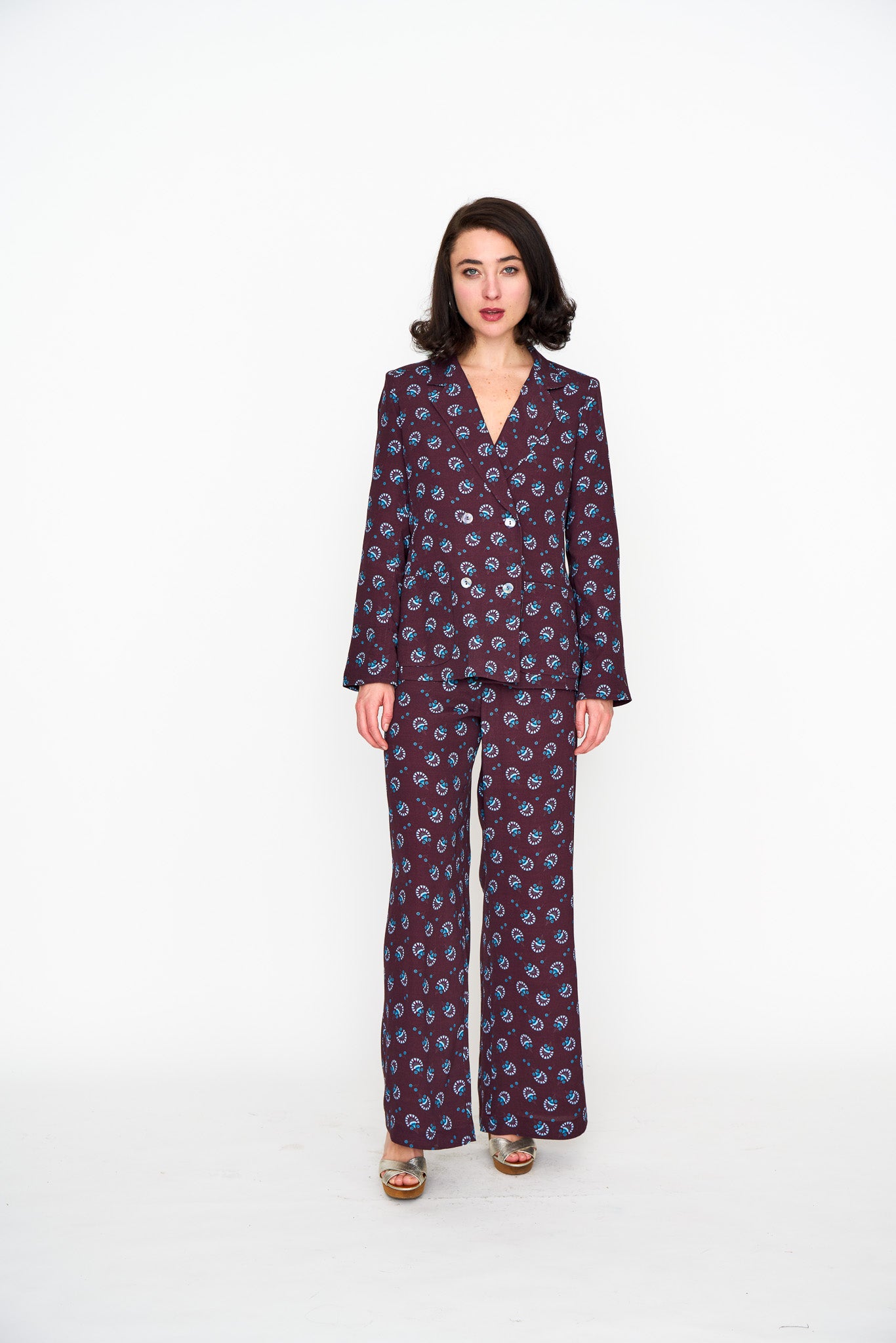 Sangria Acqua Feather Lounge Blazer shown on model, back view