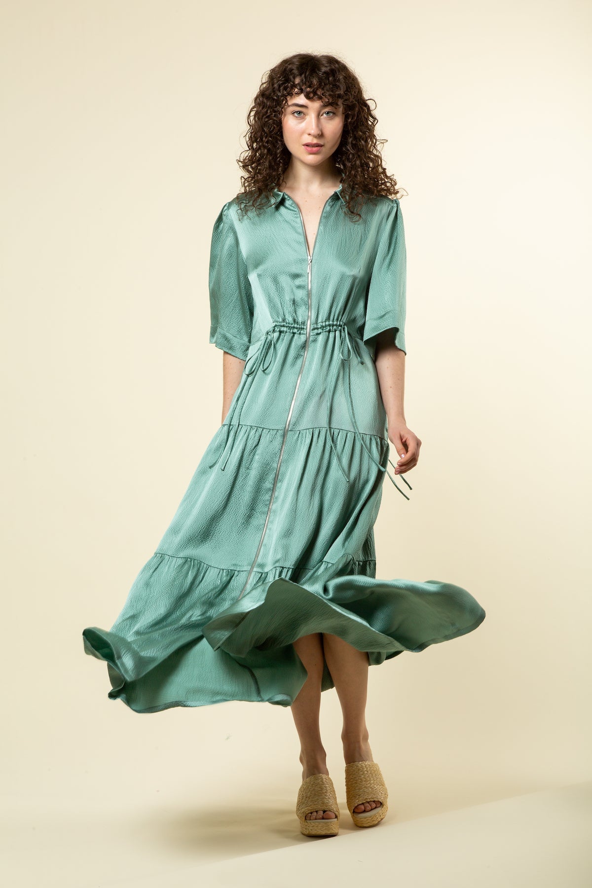 Green Silk Zip Front Maxi Dress Medium / Sage Green Silk Zip Front Maxi Dress Medium / Sage