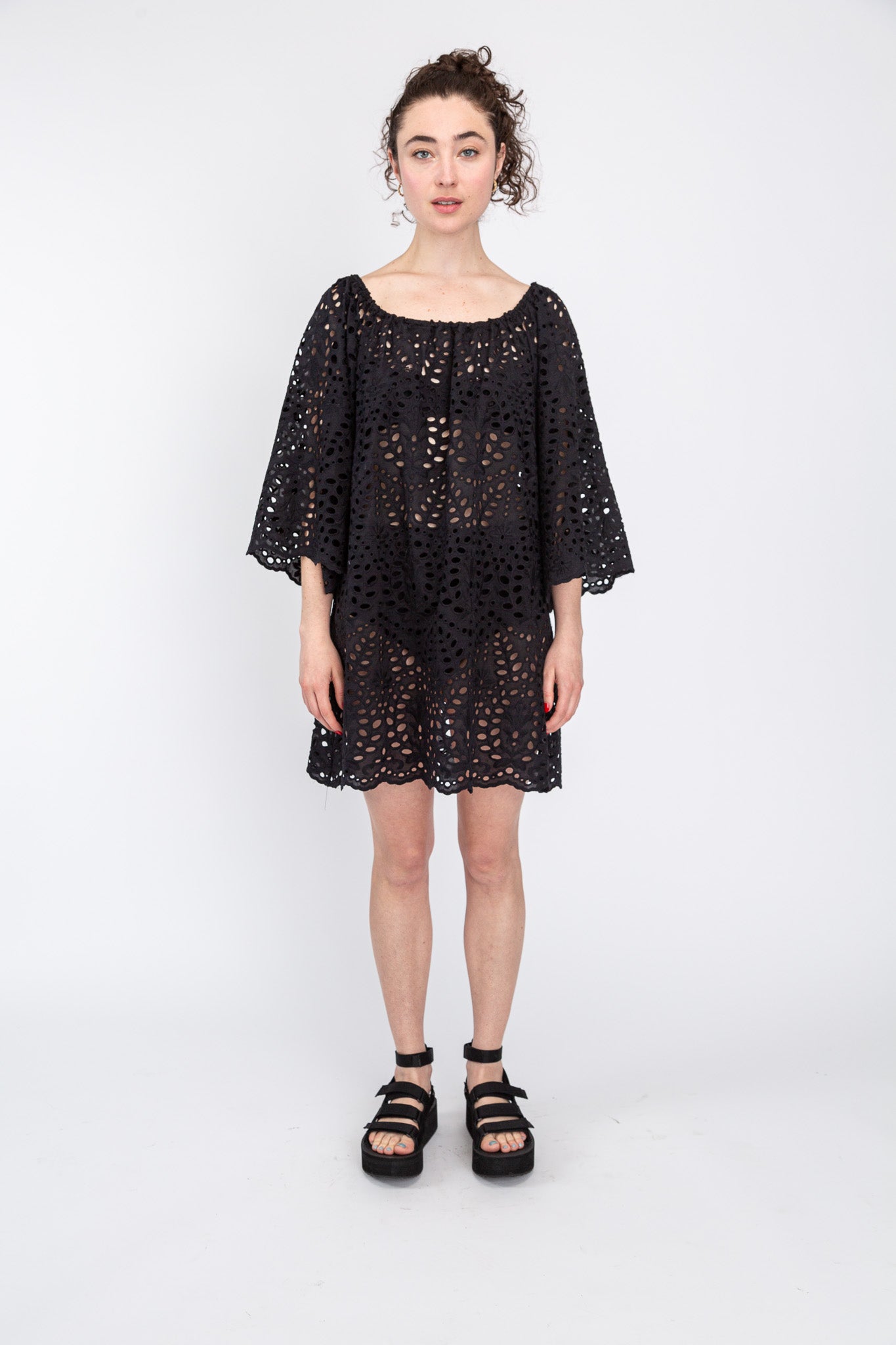 black cotton eyelet dress