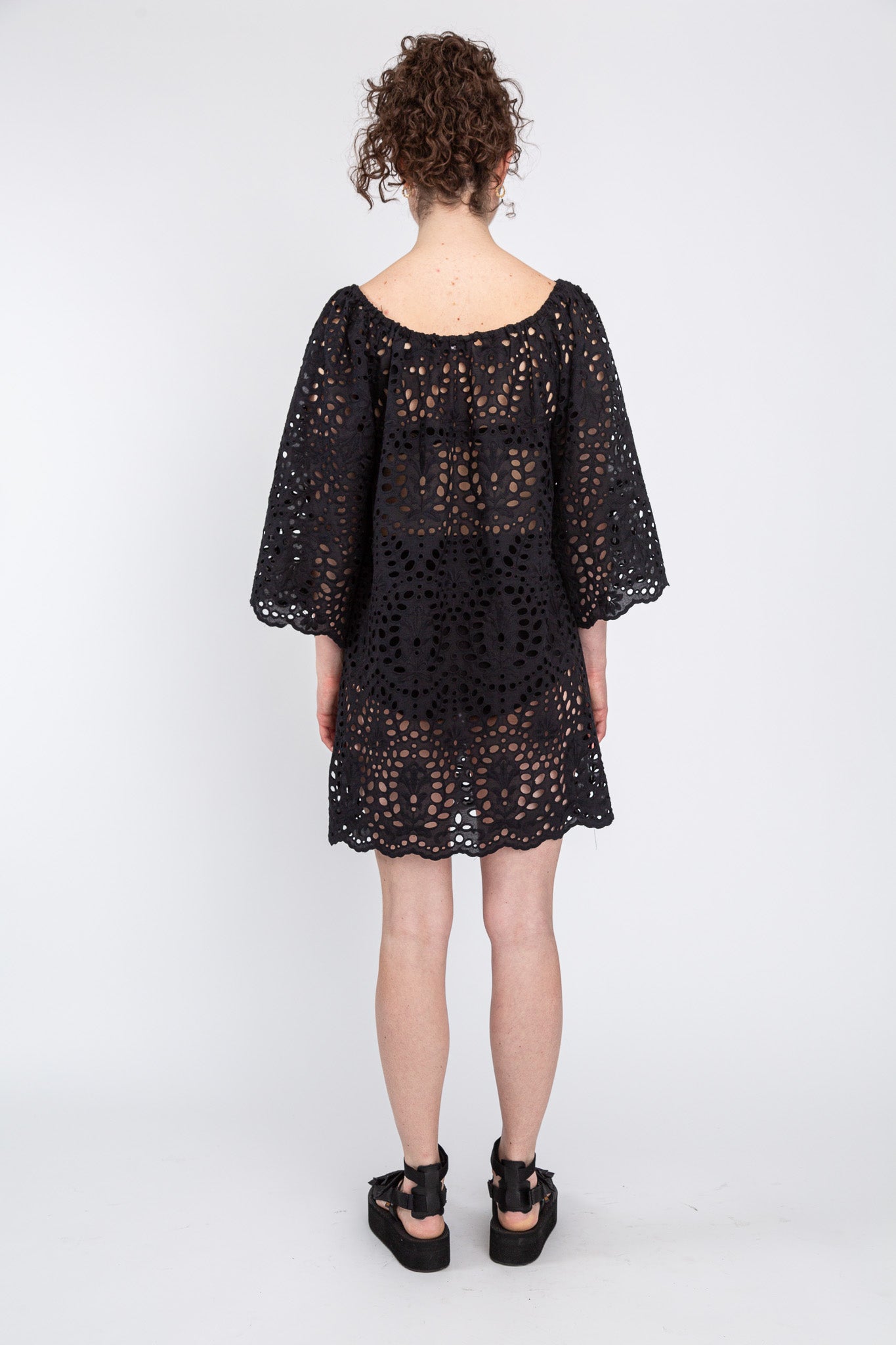 back view of black cotton eyelet mini dress