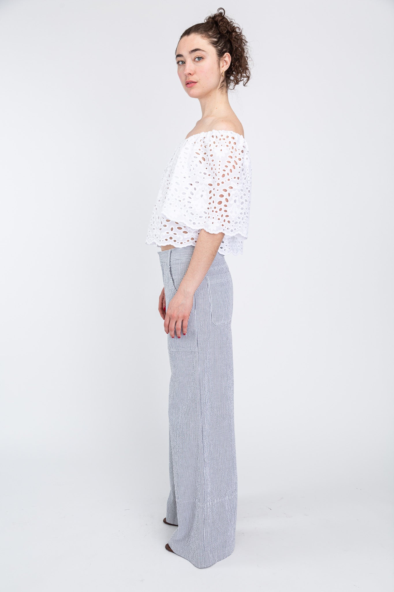 off the should eyelet top with long trousers