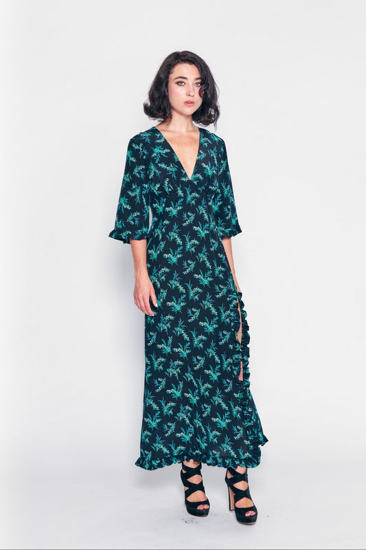 Black Sleeping Gown Dress shown on model, side view