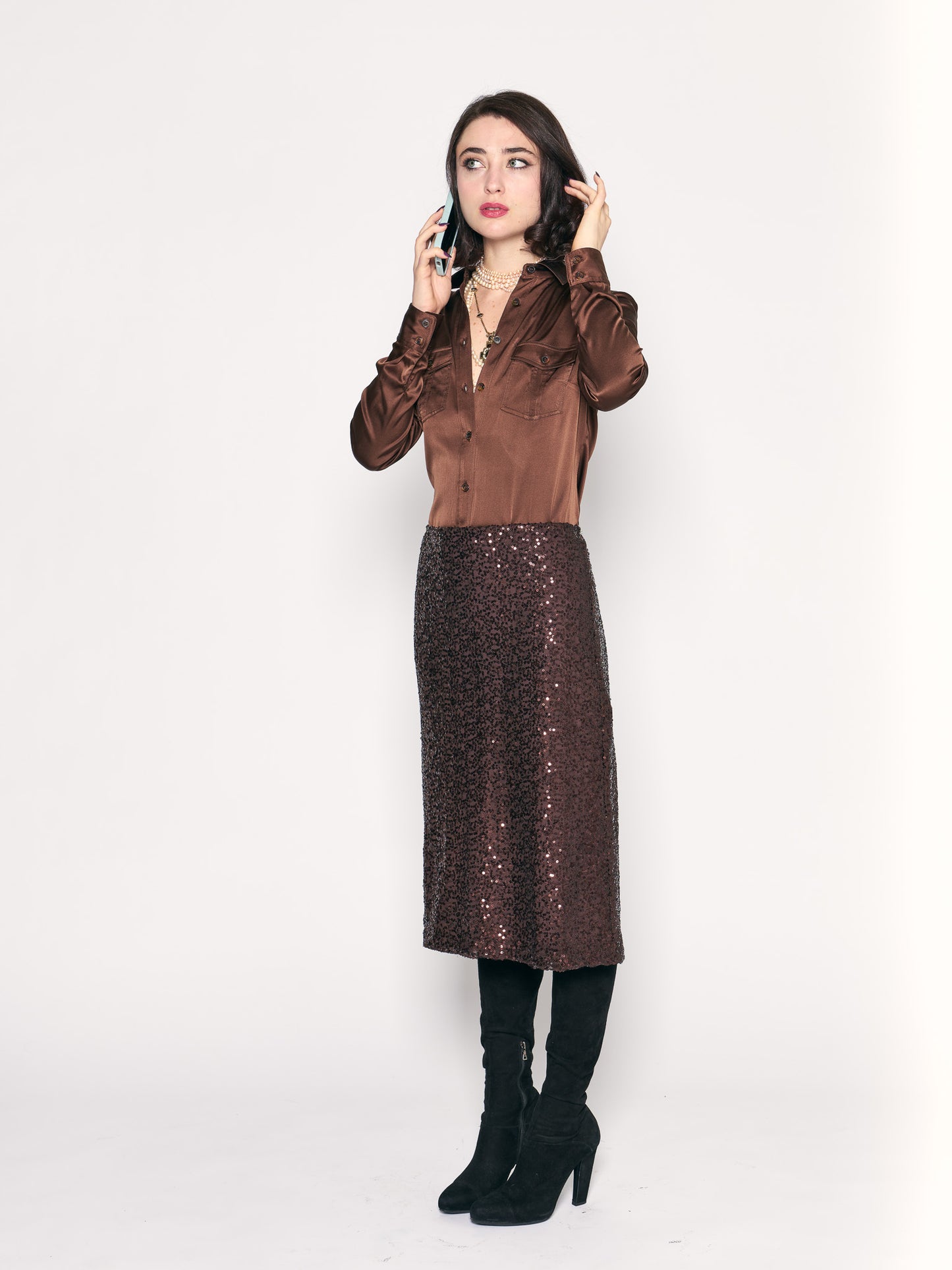 Chocolate Sequin Slip Skirt