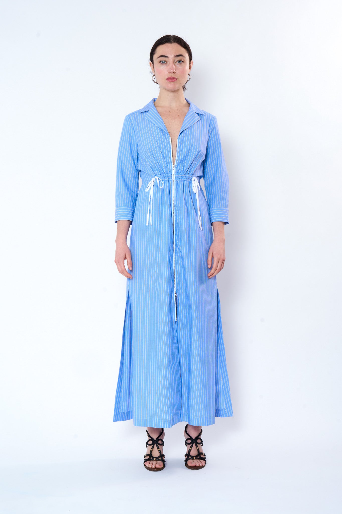 Stripe Cotton Maxi Shirt Dress Blue / S