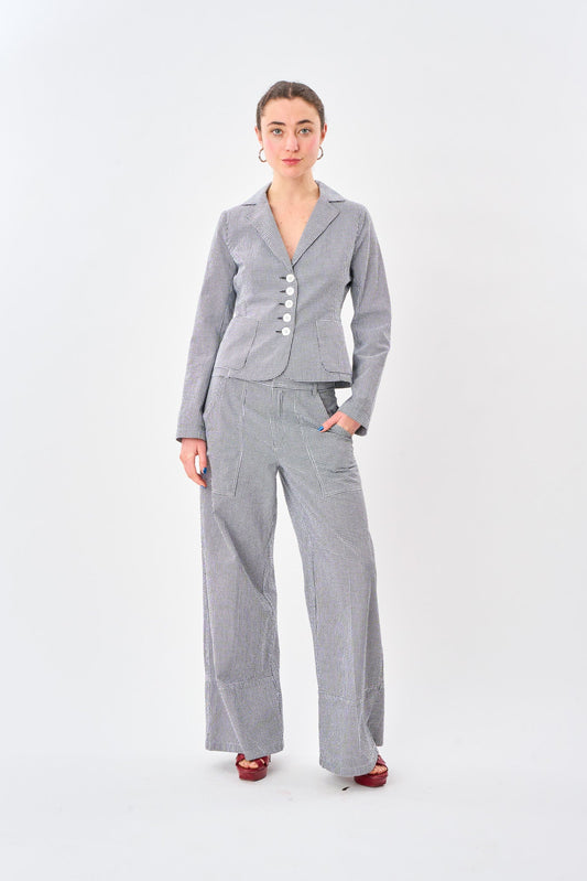Black Check Hepburn Trouser shown on model, side view