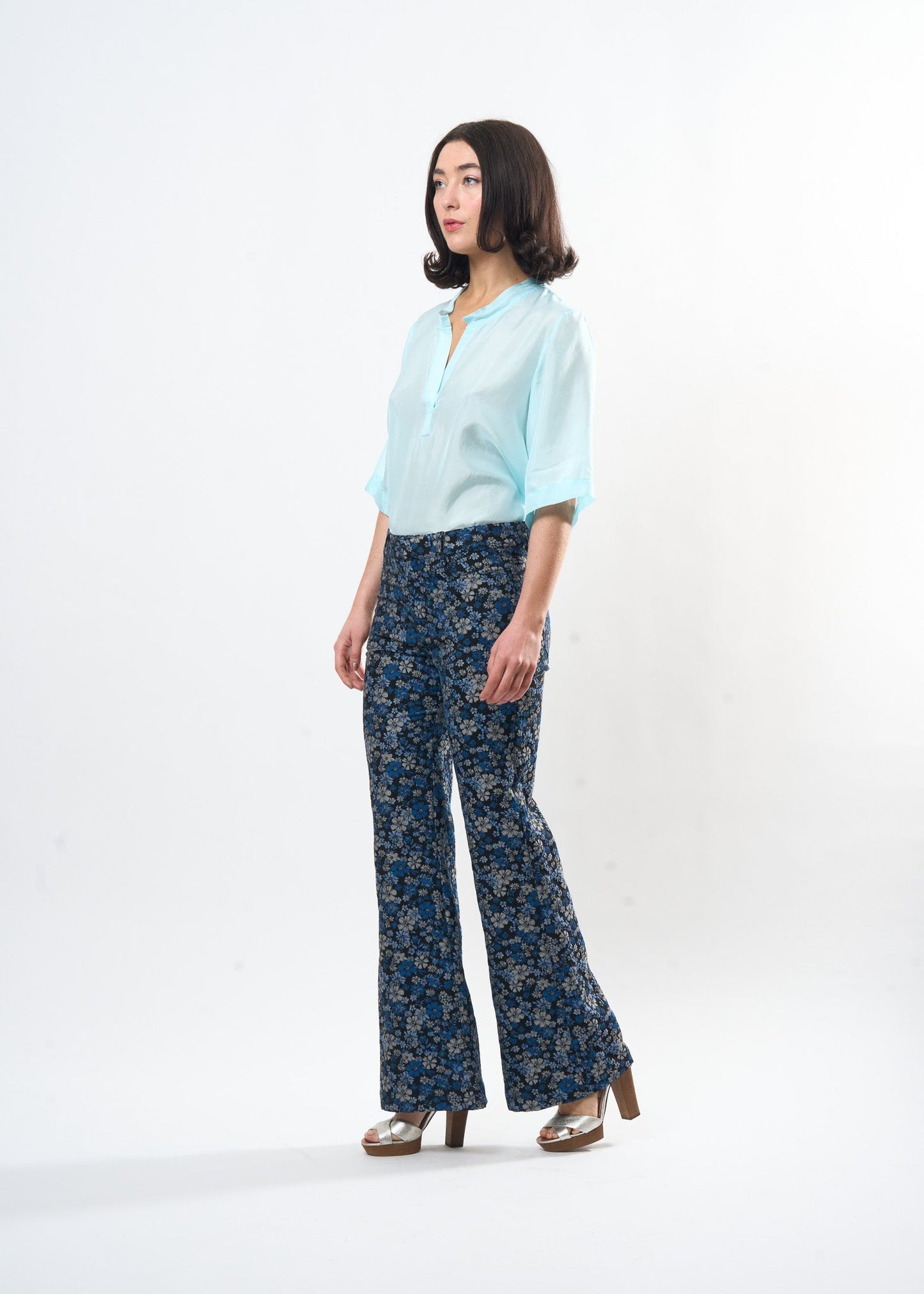 Pale Blue Silk Tee shown on model, additional view