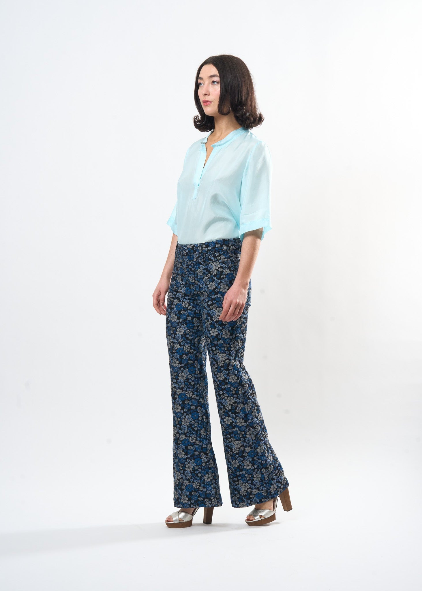 Pale Blue Silk Tee shown on model, additional view