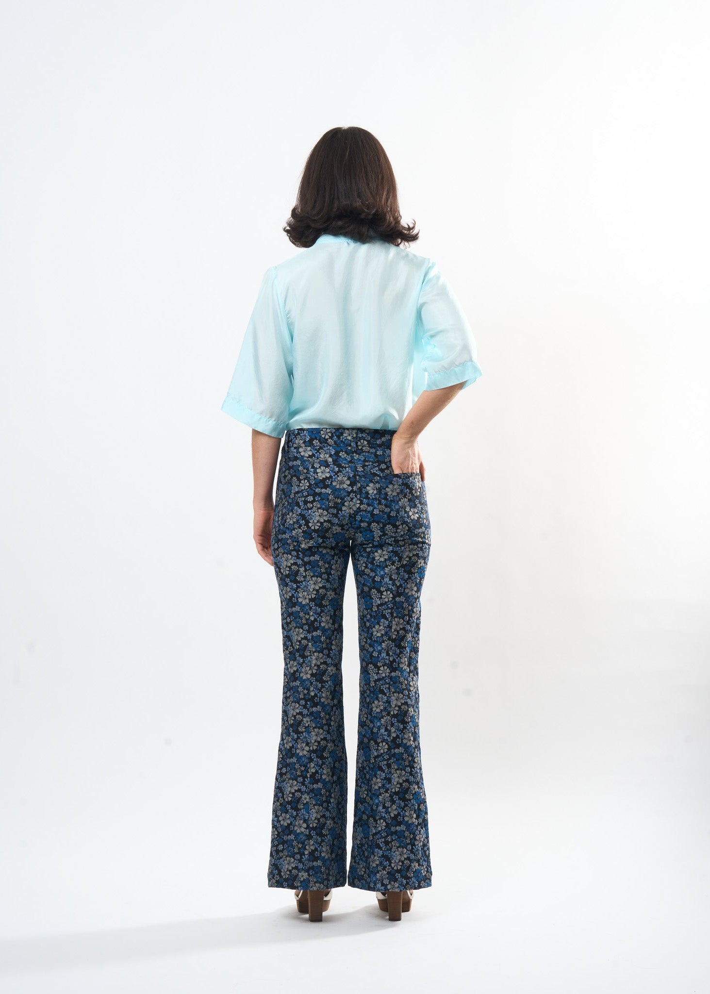 Pale Blue Silk Tee shown on model, styling view