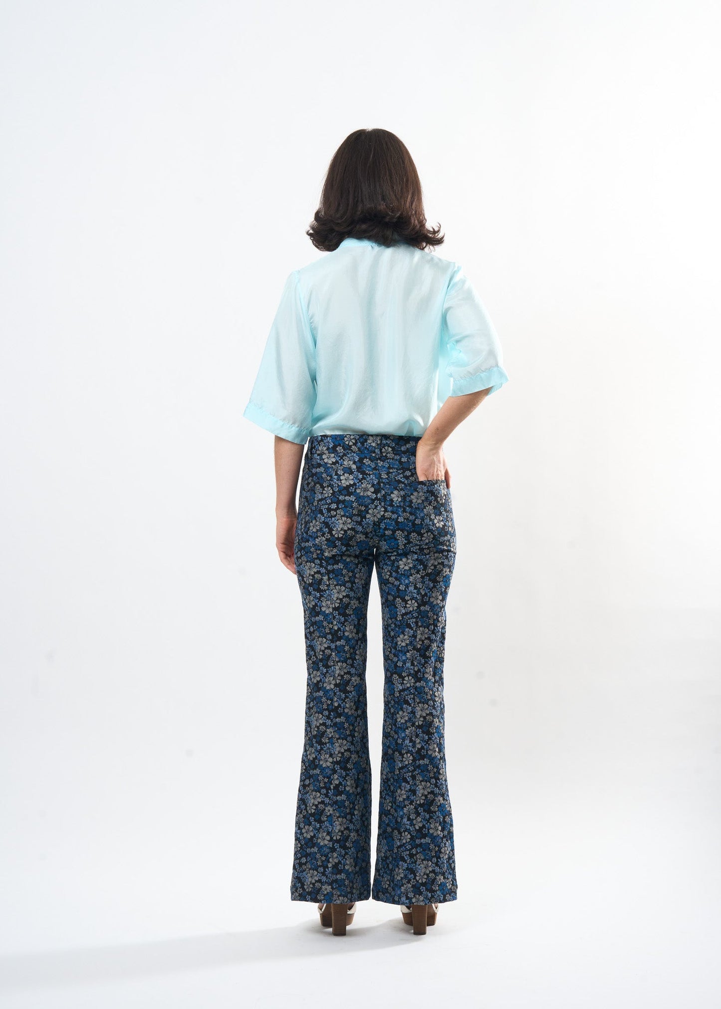 Indigo Damask Jane Jean shown on model, side view