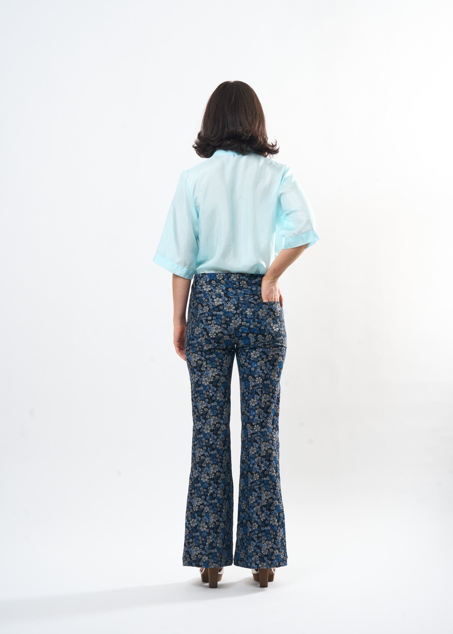 Indigo Damask Jane Jean shown on model, side view