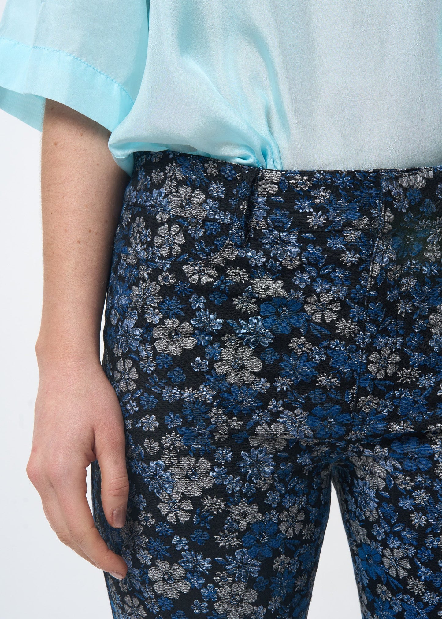 Indigo Damask Jane Jean shown on model, detail view